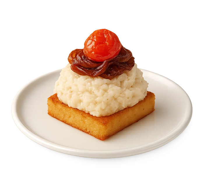 Baccalà mantecato alla perugina su panelli siciliana, cipolla caramellata e pomodoro confit