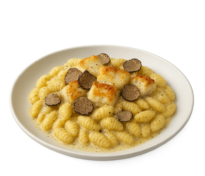 Gnocchetti sardi cacio e pepe, baccalà arrosto e tartufo