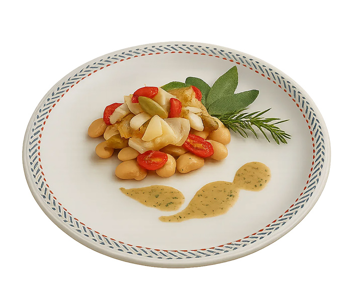 Insalata di fagiolone di Vallepietra, baccalà arrostito, pomodorini confit, cucunci, gocce di salvia e olio al rosmarino