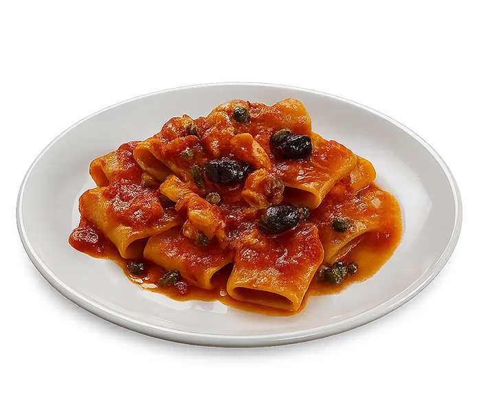 Paccheri con baccalà, pomodorini, capperi e olive