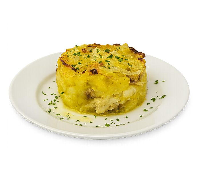 Tortino di patate, baccalà, cipolle di Acquaviva delle Fonti e pomodorini